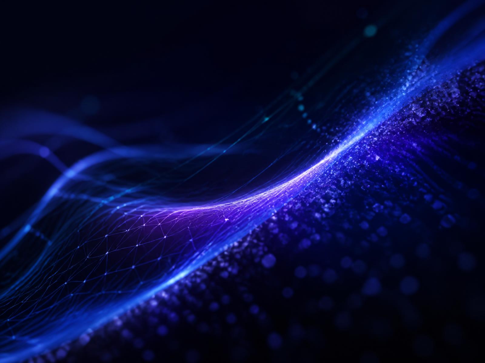 Abstract visualisation of connected intelligence: a luminous data mesh in blue and violet